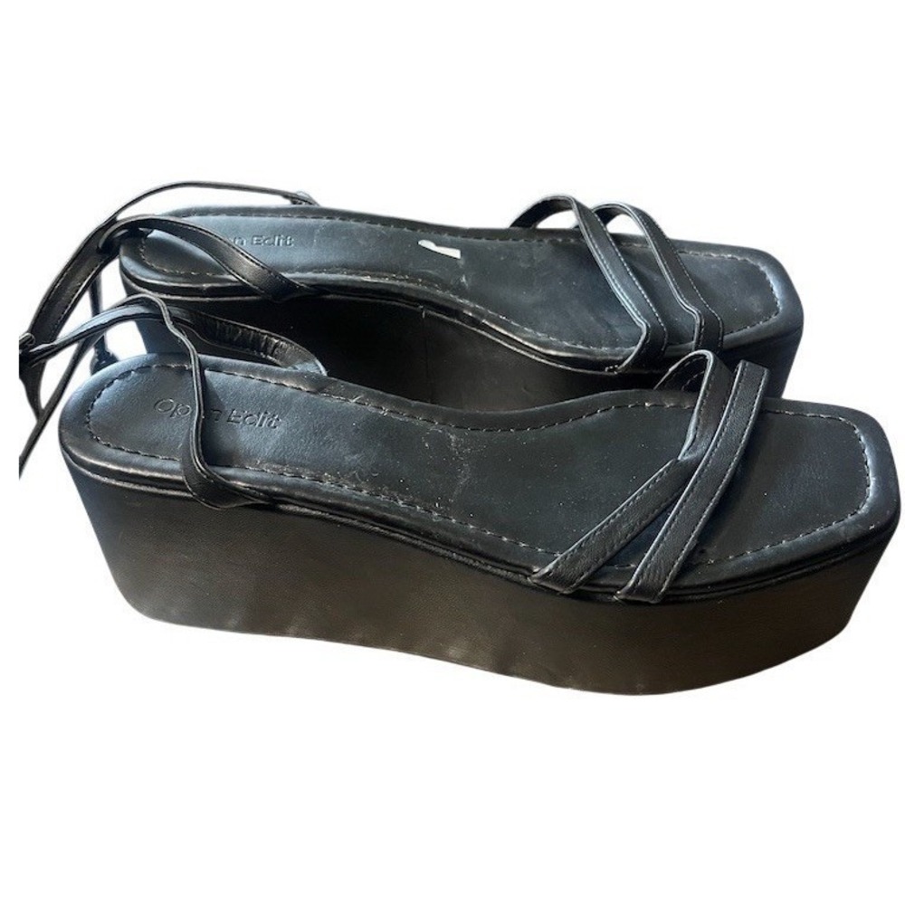 Open Edit Platform Wedge Strappy Square Toe Slip-On Sandals Black 9‎